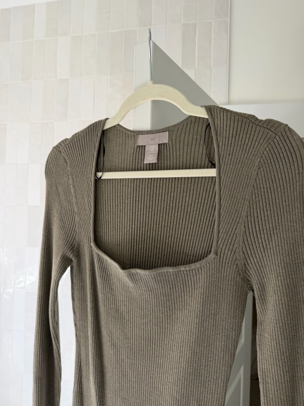 H&M Ribbed Long Sleeve Midi Dress in Olive Taupe